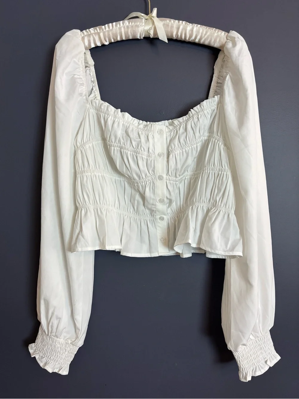 NEW ASTR The Label White Smocked Crop Blouse Top XL Square Neck Balloon Sleeves